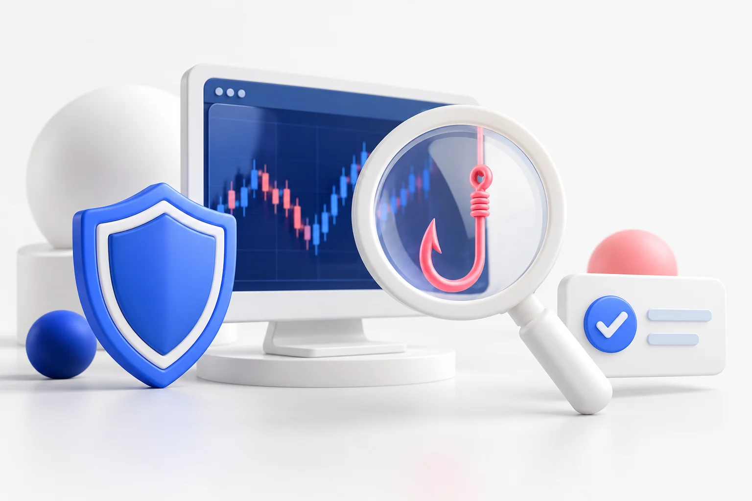 Magnifying glass and shield beside a trading screen with a phishing hook.