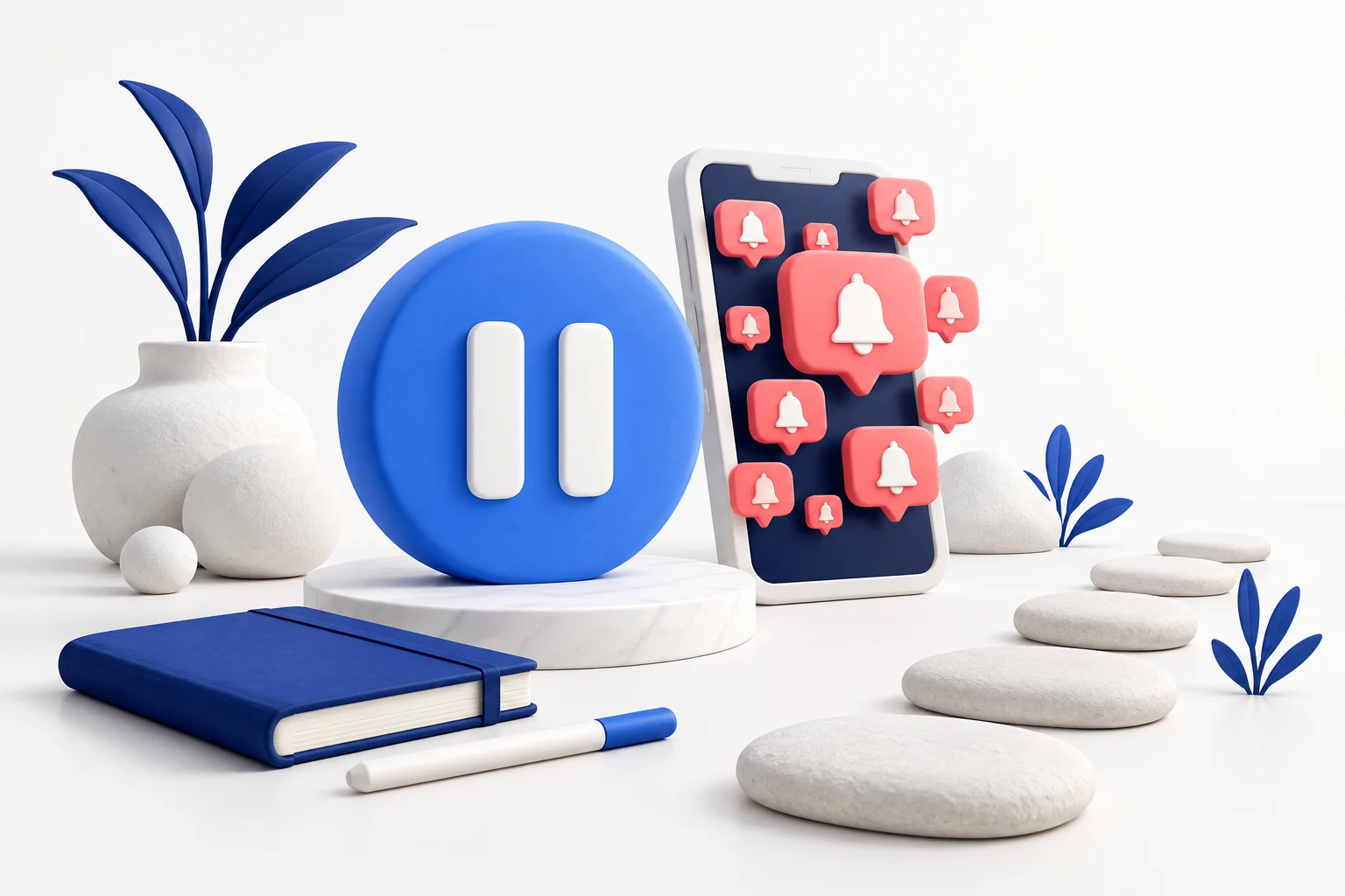 Pause button beside a phone with notifications and a notebook.