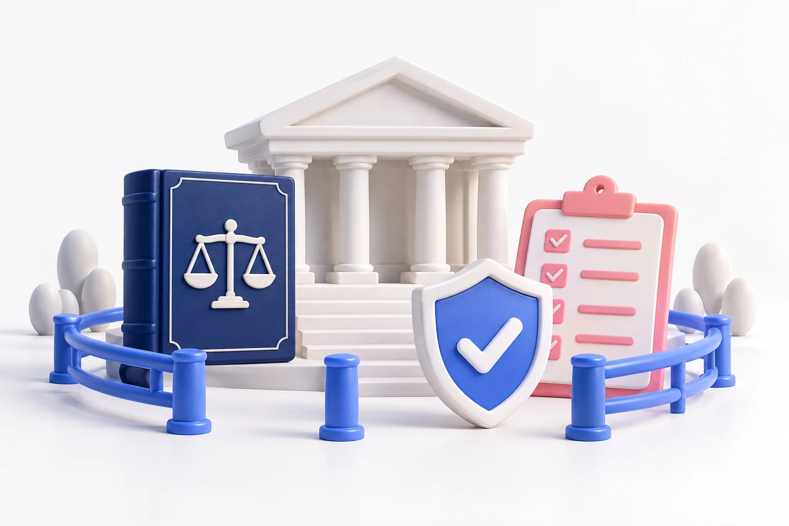 Courthouse, rulebook and checklist surrounded by protective guardrails.