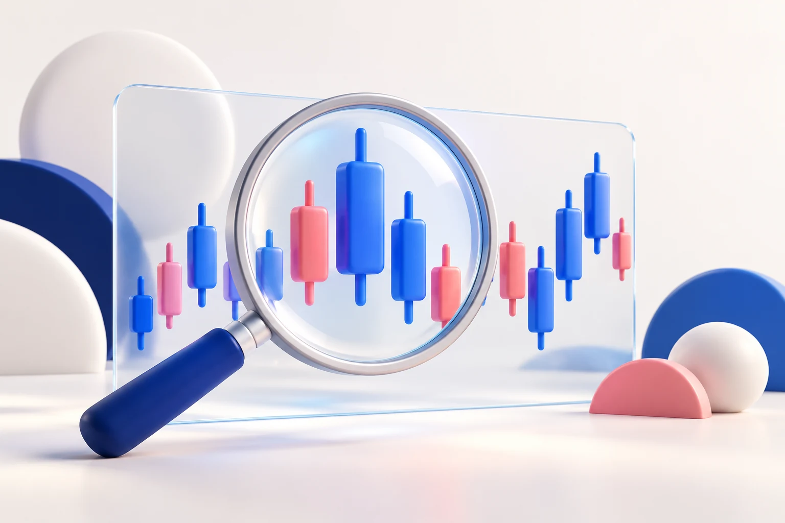 A magnifying glass examining a few large blue and pink candlestick shapes on a glass chart panel, neutral mixed movement with no axes or numbers.