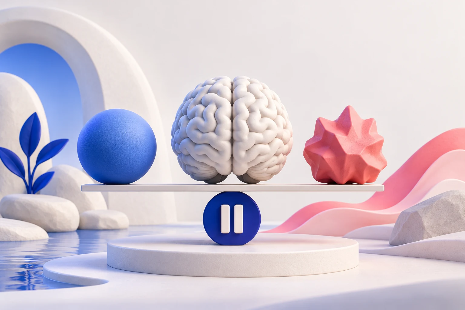 A sculptural brain balanced between a blue calm sphere and a pink jagged emotion shape, small pause symbol on a platform, calm reflective composition.