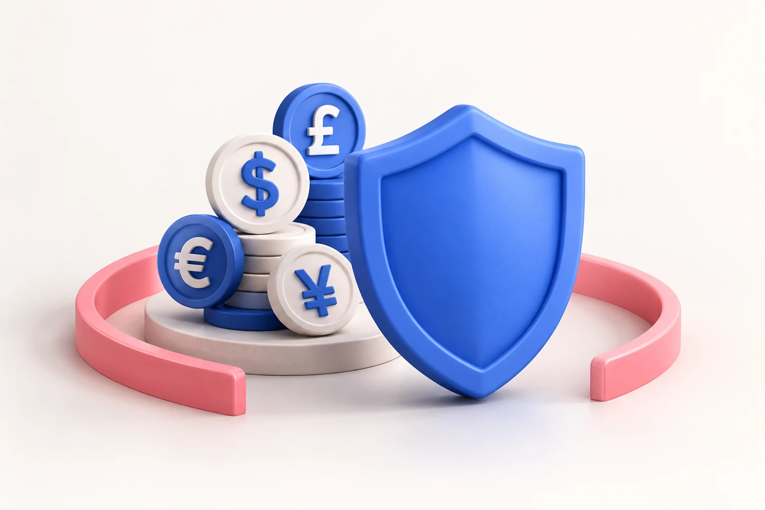 A large blue protective shield in front of a small balanced stack of currency tokens and a pink safety boundary arc.