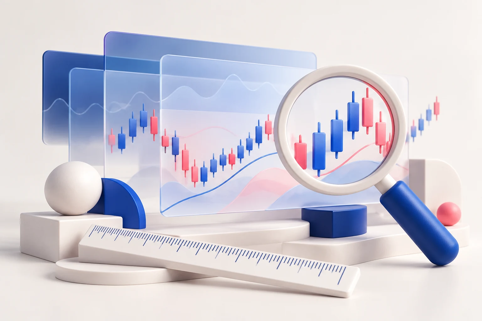 Layered translucent chart panels, blue and pink abstract candles and an analyst magnifying glass with a precise ruler, no numeric axes.