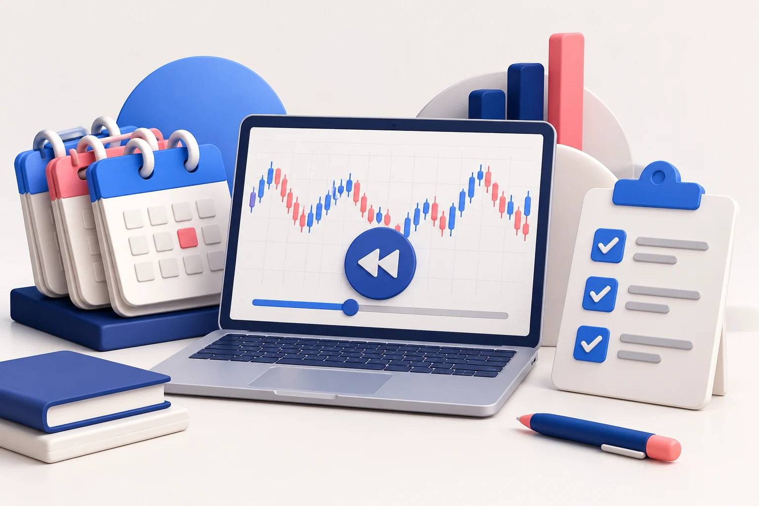 A laptop with a rewind icon and mixed blue-pink chart strokes, a stack of historical calendar cards and a checklist.