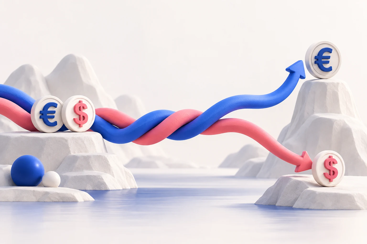 Two intertwined blue and pink ribbons travelling together then diverging, paired currency tokens, visual metaphor for changing relationships.