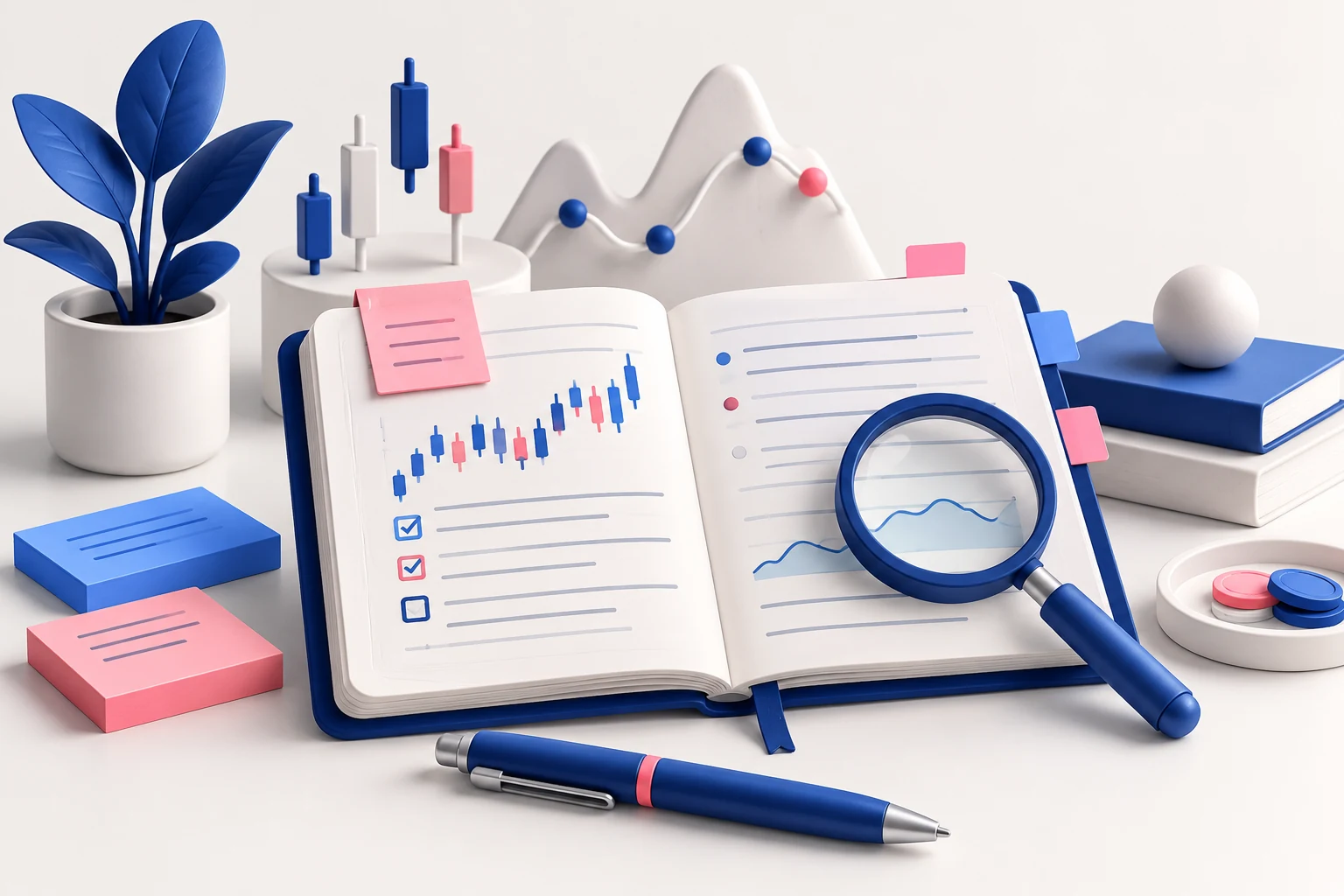 An open journal with abstract ruled lines, a pen, coloured sticky notes and a magnifying glass, calm orderly trading review workspace.
