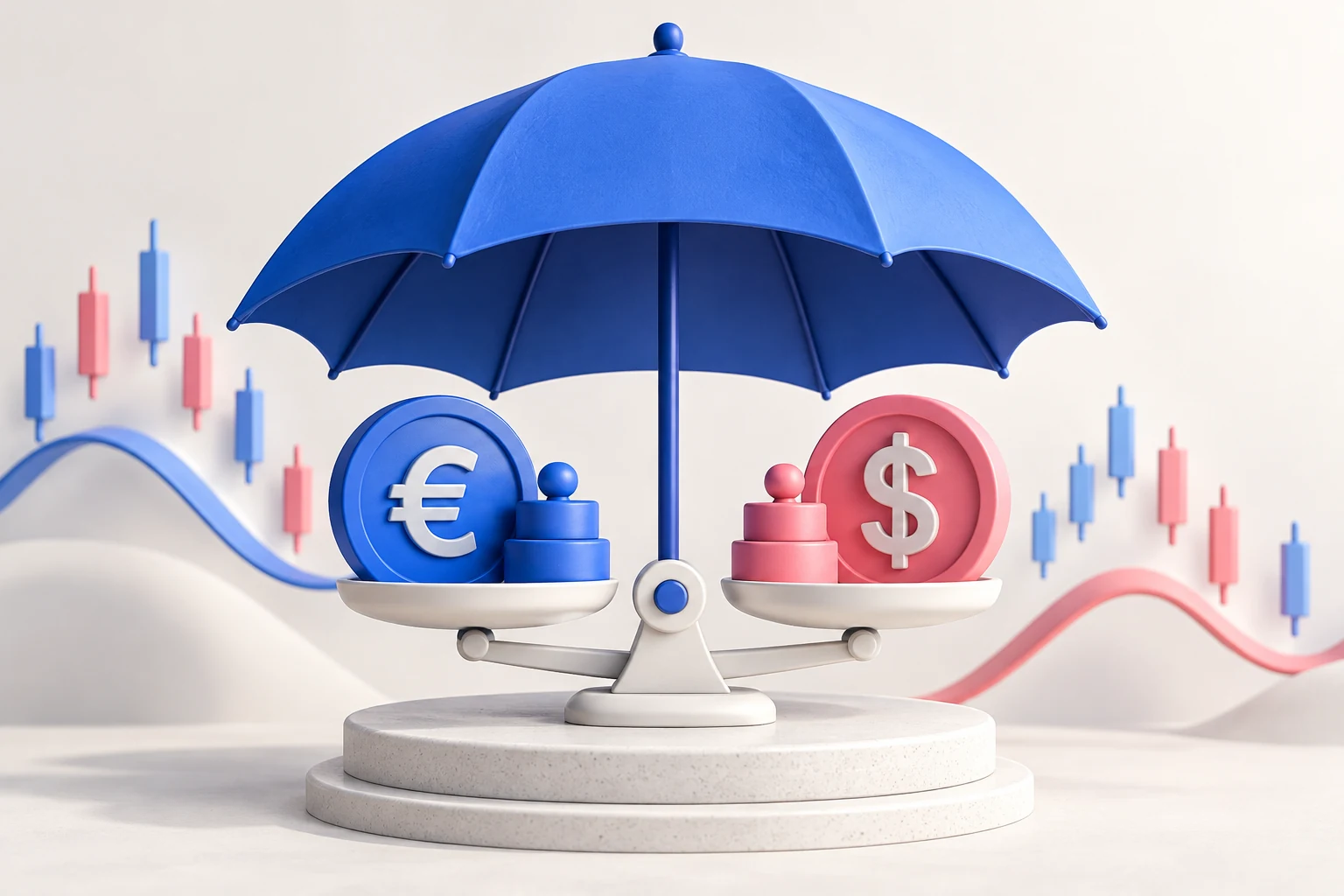 A blue umbrella sheltering paired currency tokens with pink and blue counterbalancing weights on a small scale; no suggestion of complete protection.