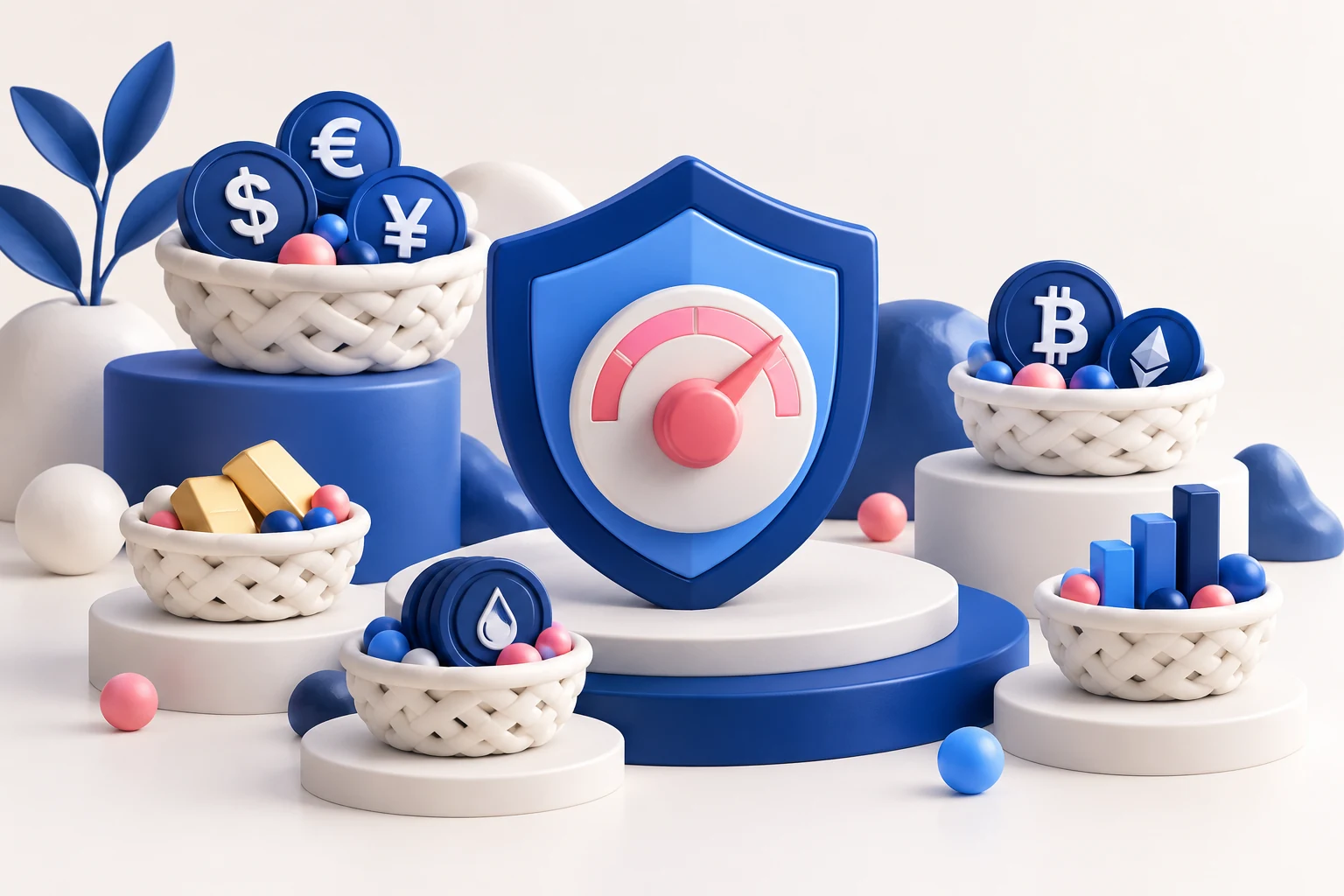Several small differently sized token baskets arranged around a central blue shield and pink balance dial, portfolio exposure metaphor.