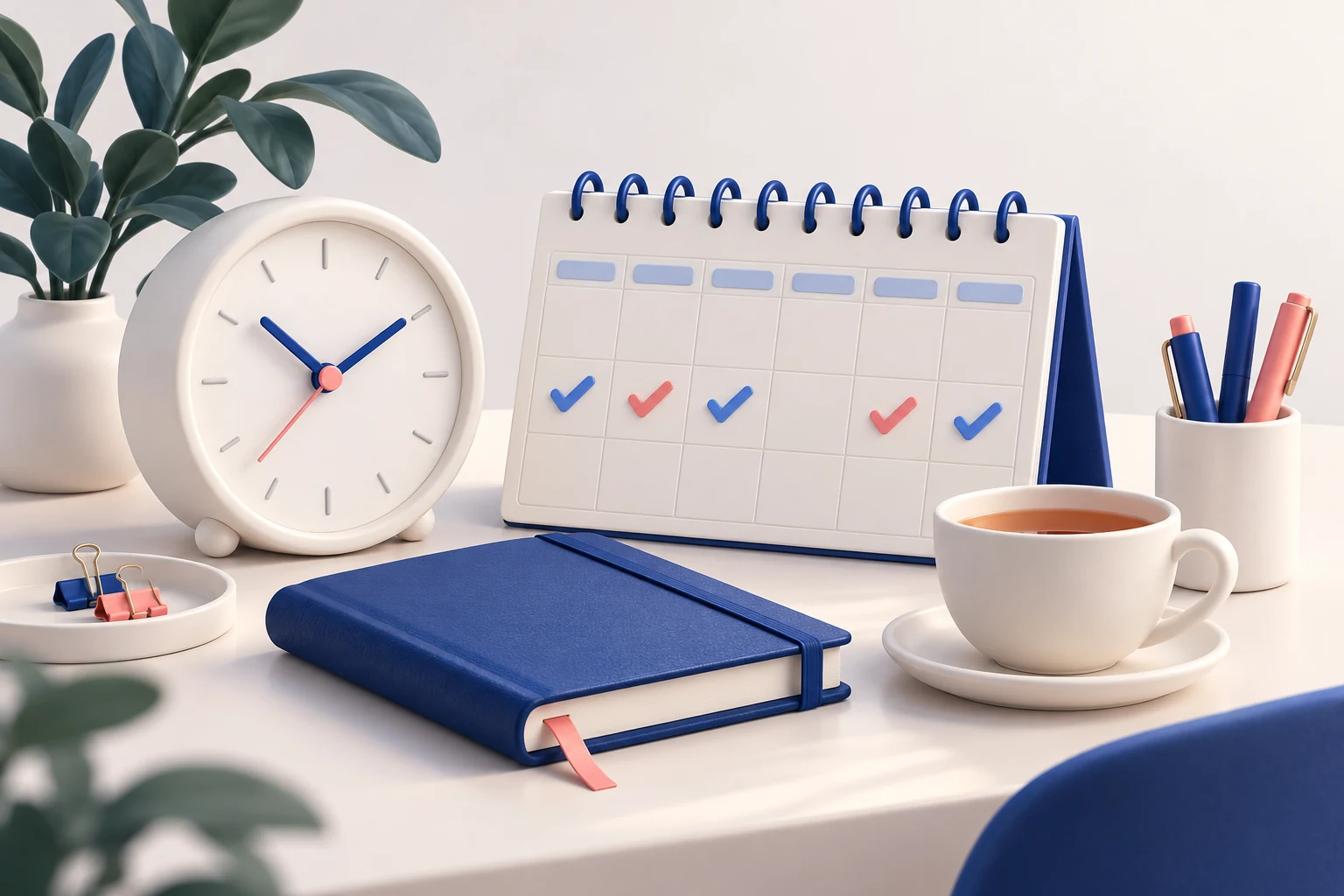 An elegant clock, a blank weekly calendar with blue and pink checkmarks, a closed journal and a cup of tea, orderly calm workspace.